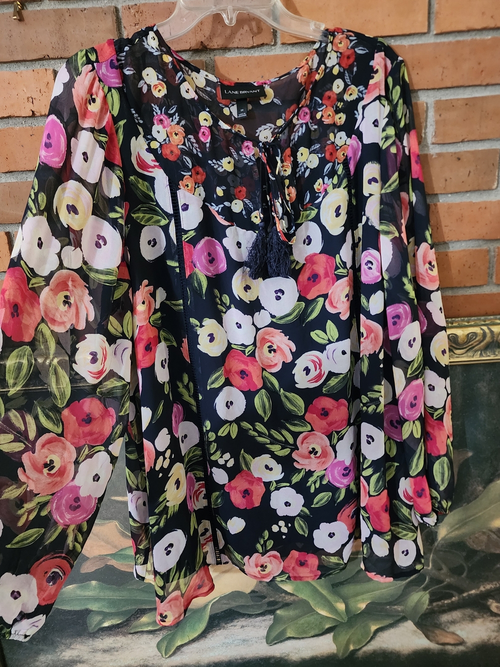Lane Bryant Black Blue Floral Tie-Neck Peasant Blouse 22
